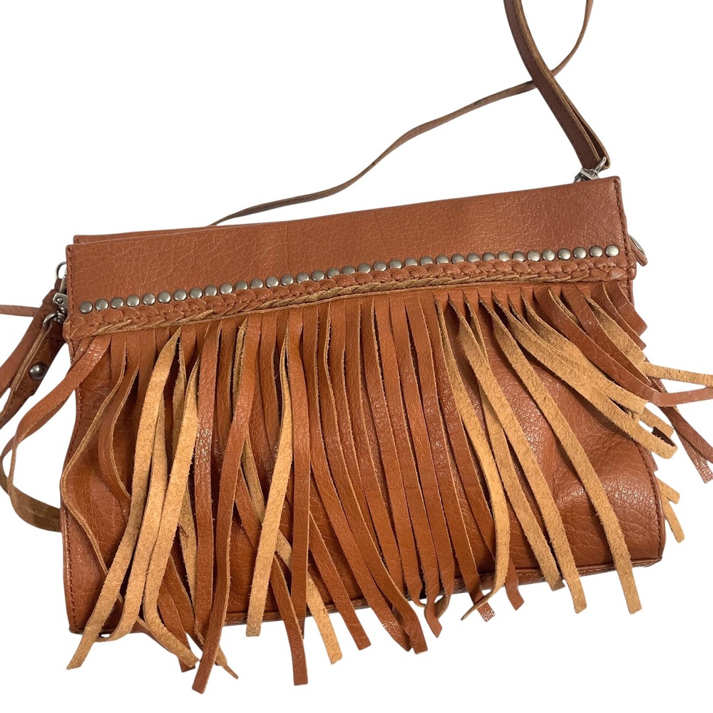 The SAK leather fringe crossbody shoulder purse Cognac brown boho western studs - Picture 2 of 10